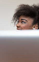 portrait of afro american working from home. Woman freelancing f