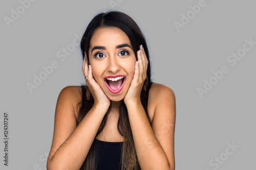 Woman surprised with joy happiness ecstatic in disbelief emotional ...