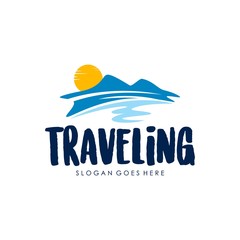 Travel and tour agency vector logo design. Beach, Sea, City, Temple, MountainHorizon