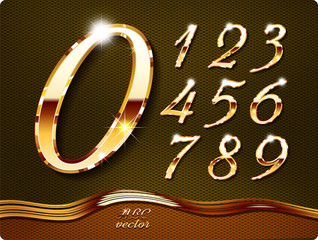 golden stylish digits, with shadow and reflections. set. zero 0 one 1 two 2 three 3 four 4 five 5 si