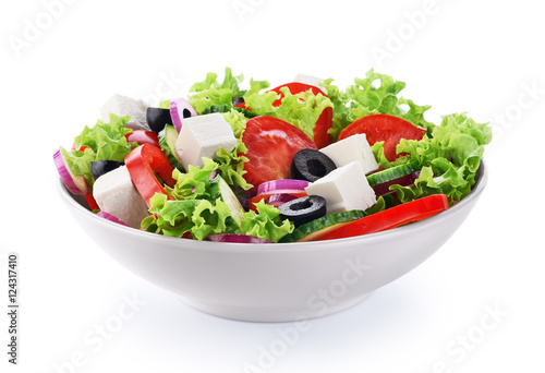 Fotografie, Obraz Salad with cheese and fresh vegetables isolated on white backgro