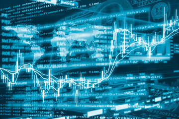 algorithmic investment and trading concept. double exposure of stockgraph, trading data and computer