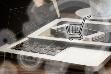 pile of gudgets with IOT net and shop cart icon
