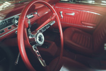 Close Up On Steering Wheel, Classic Car Interior