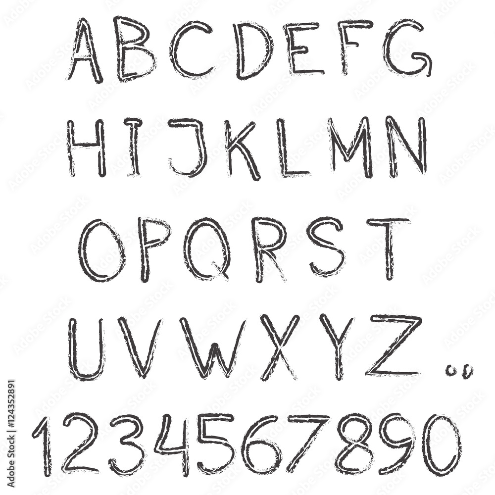 Alphabet. Hand drawn letters and numbers isolated on white background ...