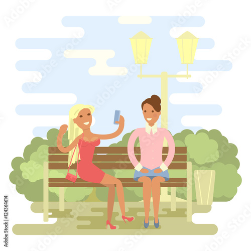 Beautiful Girls In Summer On A Park Bench Cartoon Character Of Women Gossiping People Talking And Chatting Office People In Flat Design Stock Vector Adobe Stock