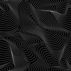 Vector monochrome seamless pattern, curved lines, dark background with visual halftone 3D effect. Abstract dynamical rippled surface, illusion of movement, curvature. Repeat design for tileable print