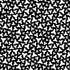 Vector monochrome seamless pattern, rounded figures, white geometric spots on black background, chaotic rotation. Abstract modern texture for prints, decoration, textile, wallpaper, digital, web