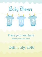 Baby Shower Invitation Card Template For Baby Boy. Cute Design Elements For Postcard, Invitation, Banner, Flyer, Collage, Decoration. Editable Vector Illustration. Pastel Colors, Blue And Yellow