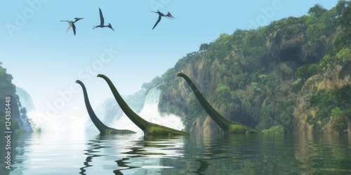 Dekoracja na wymiar  mamenchisaurus-dinosaur-foggy-day-dwoch-doroslych-dinozaurow-mamenchisaurus-eskortuje-mlodzienca-przez