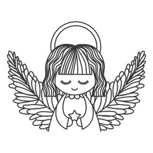 Cute Angel With Wings And Halo And Holding Star Silhouette. Vector Illustration