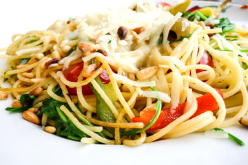 Wall Mural - Spaghetti with aubergine and tomato on a the table