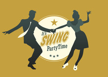 Swing Party Time: Young Couple Silhouette Dancing Swing, Rock Or Lindy Hop