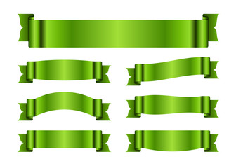 Wall Mural - Green ribbons set. Satin blank banners collection. Design label scroll blanks element, isolated on white background. Empty template for greeting, advertising. Symbols decoration. Vector illustration