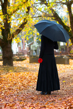 Woman In Mourning At Cemetery In Fall, Wearing Long Black Skirt And Carrying Black Umbrella. She Has A Single Red Gerbera In Her Hand. The Path Is Covered With Orange Autumn Leaves