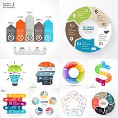 Wall Mural - Vector circle infographic set. Business diagrams, arrows graphs, linear presentations, idea cycle charts. Data options, parts, 5 steps. Light bulb, businessman brain, puzzle dollar.