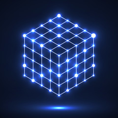 Cube of lines and dots, molecular lattice, geometric shape, network connection