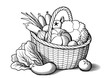 Vegetables in wicker basket. Stylized black and white vector illustration. Cabbage, pumpkin, eggplants, tomatoes, onion, carrots, broccoli, lettuce