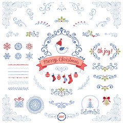 Wall Mural - ornate christmas collection. swirl elements with holly berry, snowflakes, christmas balls, socks, bi