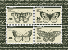 Postage Stamps Depicting Butterflies. Butterfly, Moth Isolated. Insect Realistic. Fauna. Postcard. Engraving, Drawing Nature. Australia. Vintage Stock Vector Victorian Style Illustration.