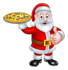 Wall Mural - Cartoon Santa Claus Holding Pizza