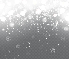 Wall Mural - falling snow with snowflakes on transparent background. winter snowfall. holiday lights happy new ye