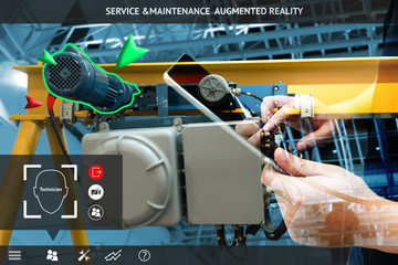 Wall Mural - Industrial 4.0 , Augmented reality concept. Hand holding tablet with AR service , maintenance application and calling technician for check destroy part of smart machine in smart factory background