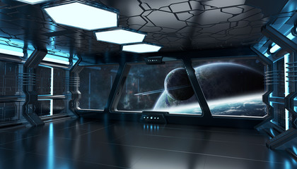 Wall Mural - spaceship interior with view on distant planets system 3d render