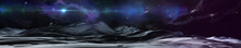 Panorama Of The Alien Landscape. Rising Stars Over The Moon. Moonscape.