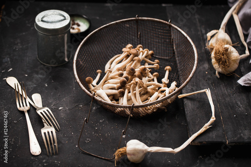 Fotografia, Obraz Fresh brown clamshell mushrooms in colander with dry bulbs of garlic over black