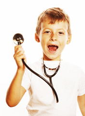 little cute boy with stethoscope playing like adult profession d