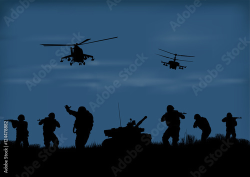 Zdjęcie XXL Ilustracja, żołnierze zamierzają zaatakować i śmigłowce.