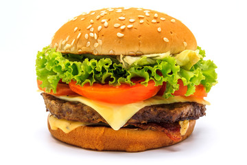 Perfect hamburger classic burger american cheeseburger with cheese, bacon, tomato and lettuce isolated on a white background.