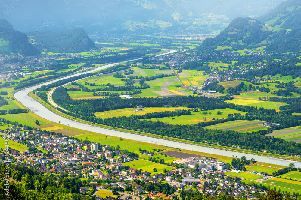 Obraz na płótnie Aerial landscape view on Vaduz city and Rhein river in Liechtenstein w salonie