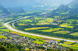 Aerial landscape view on Vaduz city and Rhein river in Liechtenstein