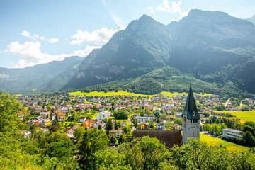 Landscape view on Balzers village with saint Nicholas church in Liechtenstein