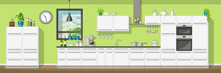 Illustration of interior equipment of a modern kitchen, panorama