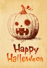Happy Halloween Pumpkin Jack O Lantern Drawn In A Sketch Style