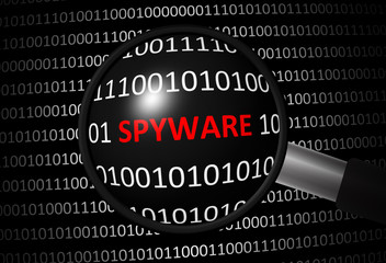 Binary code with spyware and magnifying lens