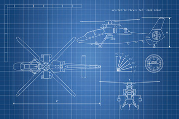 Engineering drawing of helicopter. Helicopters view: top, side,