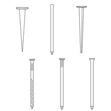 Set Of Different Kinds Of Nails Common Nail, Cut Nail, Finishing Nail, Masonry Nail, Spiral Nail, Tack , Outline Illustration For Web Or Typography Magazine, Brochure, Flyer, Poster , EPS 10.