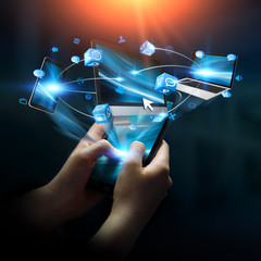 Businesswoman connected tech devices and icons applications with