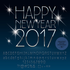 Vector silver sparkle Happy New Year 2017 greeting card with set of letters, symbols and numbers. File contains graphic styles