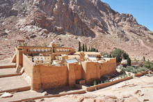 Beautiful Mountain Cloister Landscape In The Oasis Desert Valley. Saint Catherine's Monastery In Sinai Peninsula, Egypt