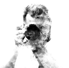 Double Exposure Male Photographer Looking At The Camera, Black A White