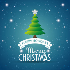 Wall Mural - happy holidays merry christmas tree star label blue background vector illustration eps 10