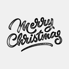 Merry Christmas, xmas badge, handwritten lettering, calligraphy with grain, noise, dotwork, halftone, grunge texture for logo, banners, labels, postcards, posters, web and prints. Vector illustration.