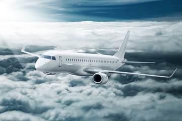 Wall Mural - White airplane flying higher clouds at daytime