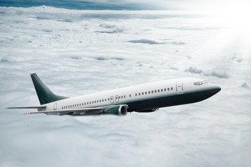 Wall Mural - White airplane flying higher clouds at daytime