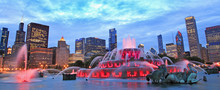 Chicago Skyline And Buckingham Fountain At Night